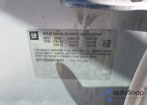 2016 Chevrolet Impala 2Lt из США, поврежденный, VIN 2G1115S34G9149431